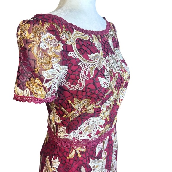 MARCHESA NOTTE Embroidered Guipure Tea Dress 4 Floral Metallic Holiday Party - Picture 11 of 16